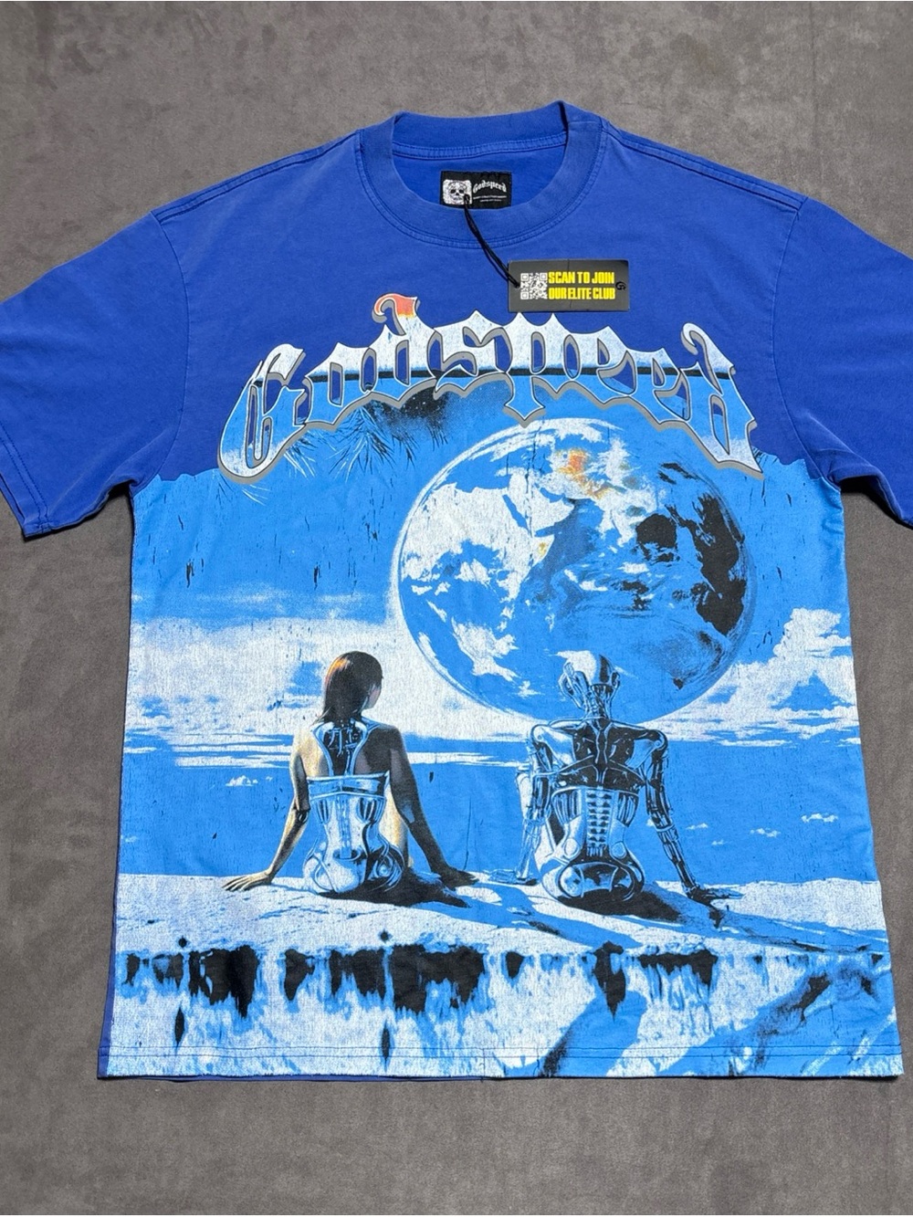 Godspeed Skeleton on Moon Graphic Print Men's Medium Blue StreetWear NWT